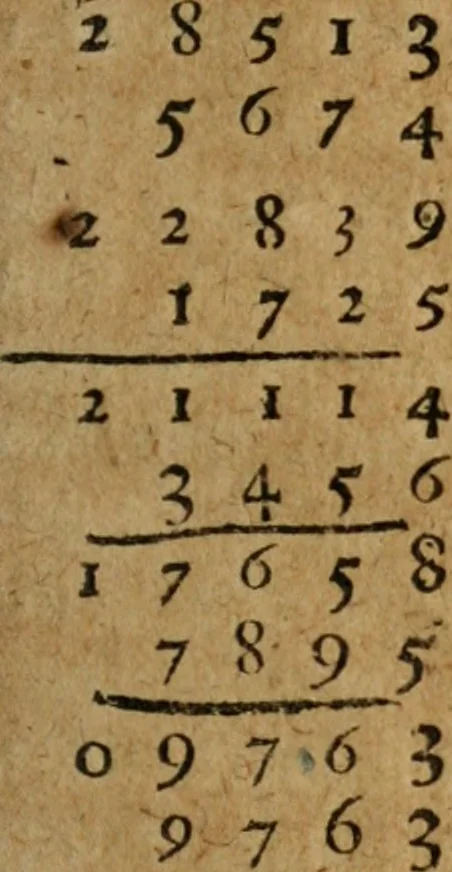 An illustration from Guia de contadores, e invenc, am nova de contas, pela qual cada hu com só conhecer os numeros, poderà fazer qualquer genero de contas facilmente, sem ajuda de tinta, & pena, 1698, leaf 196
