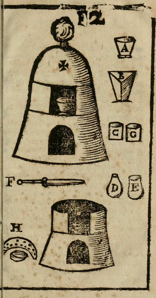 An illustration from Guida alla chimica : che suo mezzo conduce gl'affetionati alle operationi sopra ogni corpo misto animale, minerale, ò vegetabile : dichiarando come s'estraggono i toro sali, ogli, essenze, magisterij, mercurij, etc. ... et in quest' vltima impressione ampliata di nuoue aggiunte, & figure ... : et con la regola per metter le figure à suo loco posta nel fine, 1706, leaf 52