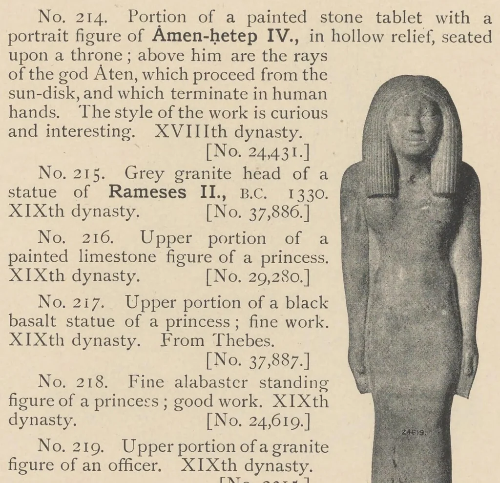 An illustration from A guide to the third and fourth Egyptian rooms : predynastic antiquites, mummied birds and animals, portrait statues, figures of gods, tools, implements and weapons, scarabs, amulets, jewellery and other objects connected with the funeral rites of the ancient Egyptians, 1904, leaf 127