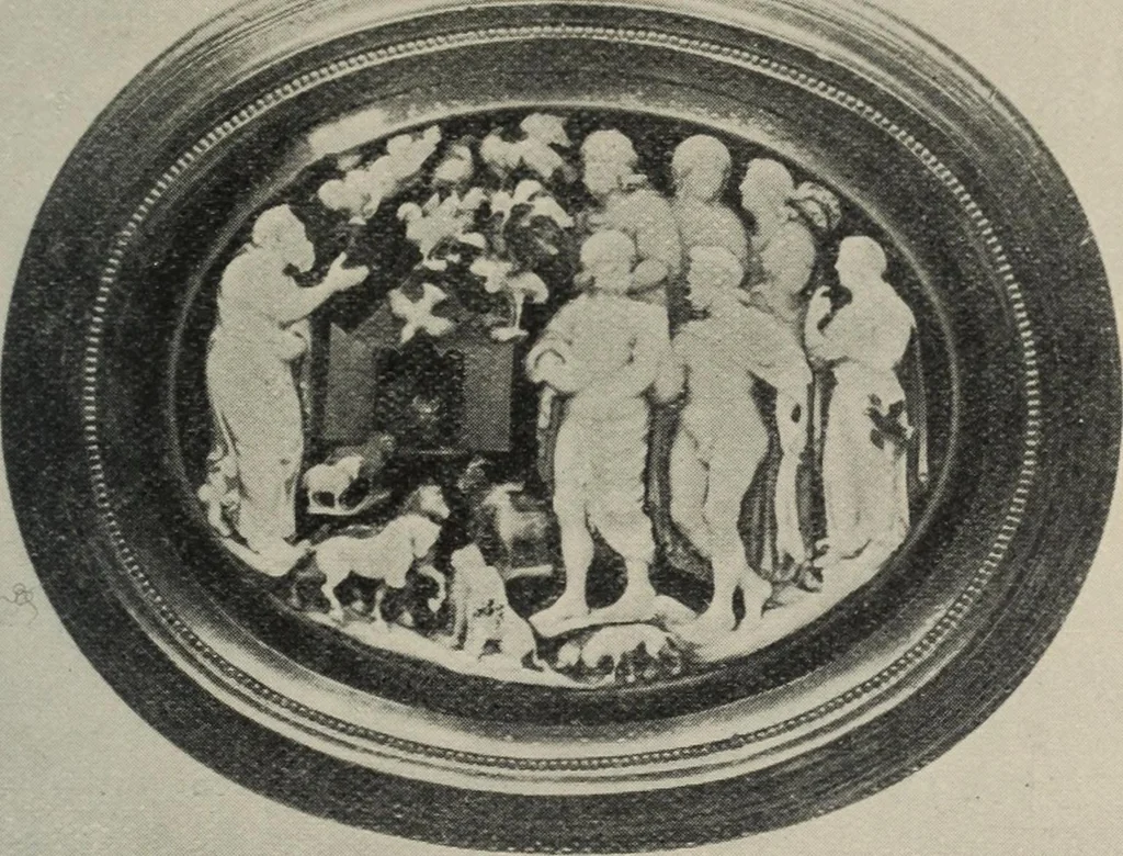 An illustration from A guide to the Mediaeval Room and to the specimens of mediaeval and later times in the gold ornament room : with fourteen plates and a hundred and ninety-four illustrations, 1907, leaf 74