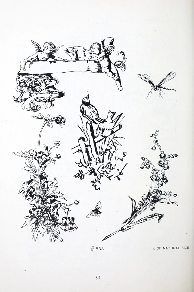 An illustration from A guide to tapestry painting and stenciling in liquid tapestry dyes and tapestry oil colors : with a full list of the materials used and illustrations of the stencil patterns, 1910, leaf 52