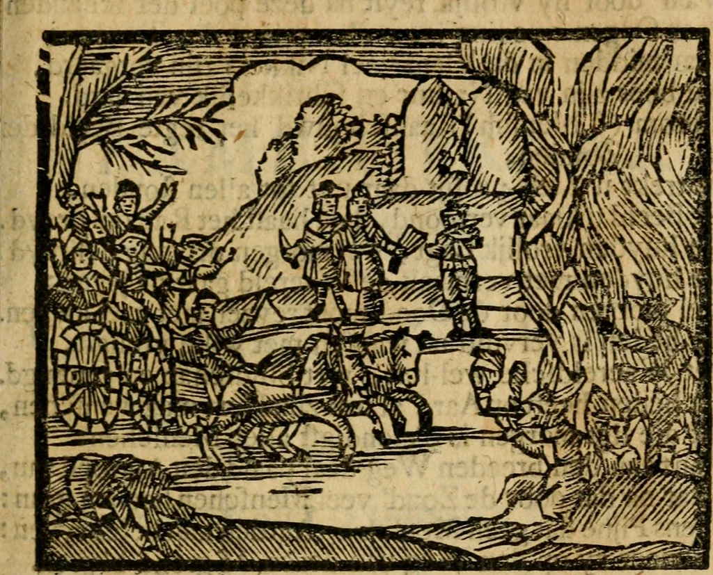 An illustration from Gulden-spiegel, ofte opwekkinge tot christelijke deugden : afgedeelt in twee deelen : waar in vertoond werd de schadelijkheyd der zonden, mitsgaders de goedigheyd en weldaaden Godts over den boetveerdigen, tot leeringe en stigtinge aller christenen toe-gepast : nog is hier by gevoegt Thamars ontschaking, of de verdoolde liefde van Ammon : als mede de vermaakelijke bruylofts-kroon : doorblogten met verscheyde leerzame gedigten, vermaakelijke bruylofts en aandagtige liedekens : voorgesteld op de vier geteyden van den dag, 1763, leaf 108