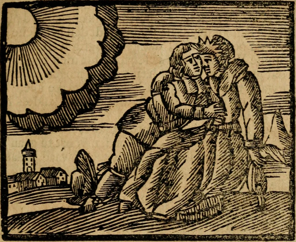 An illustration from Gulden-spiegel, ofte opwekkinge tot christelijke deugden : afgedeelt in twee deelen : waar in vertoond werd de schadelijkheyd der zonden, mitsgaders de goedigheyd en weldaaden Godts over den boetveerdigen, tot leeringe en stigtinge aller christenen toe-gepast : nog is hier by gevoegt Thamars ontschaking, of de verdoolde liefde van Ammon : als mede de vermaakelijke bruylofts-kroon : doorblogten met verscheyde leerzame gedigten, vermaakelijke bruylofts en aandagtige liedekens : voorgesteld op de vier geteyden van den dag, 1763, leaf 114