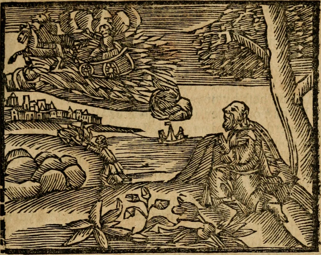 An illustration from Gulden-spiegel, ofte opwekkinge tot christelijke deugden : afgedeelt in twee deelen : waar in vertoond werd de schadelijkheyd der zonden, mitsgaders de goedigheyd en weldaaden Godts over den boetveerdigen, tot leeringe en stigtinge aller christenen toe-gepast : nog is hier by gevoegt Thamars ontschaking, of de verdoolde liefde van Ammon : als mede de vermaakelijke bruylofts-kroon : doorblogten met verscheyde leerzame gedigten, vermaakelijke bruylofts en aandagtige liedekens : voorgesteld op de vier geteyden van den dag, 1763, leaf 174