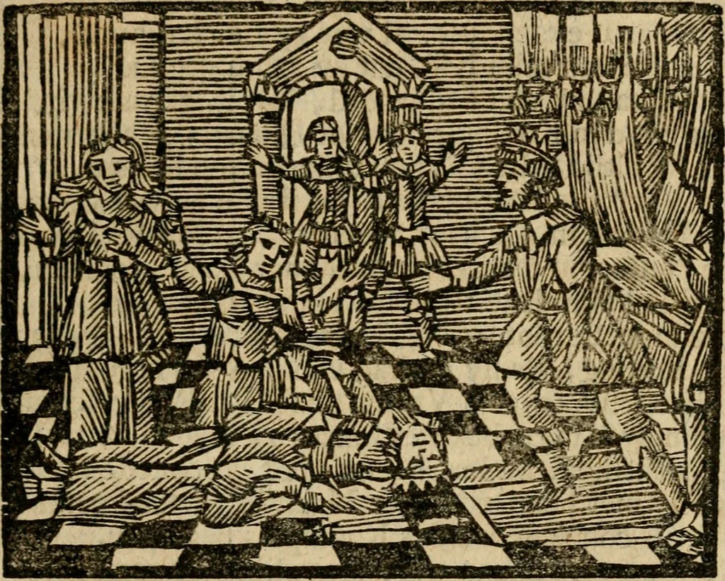 An illustration from Gulden-spiegel, ofte opwekkinge tot christelijke deugden : afgedeelt in twee deelen : waar in vertoond werd de schadelijkheyd der zonden, mitsgaders de goedigheyd en weldaaden Godts over den boetveerdigen, tot leeringe en stigtinge aller christenen toe-gepast : nog is hier by gevoegt Thamars ontschaking, of de verdoolde liefde van Ammon : als mede de vermaakelijke bruylofts-kroon : doorblogten met verscheyde leerzame gedigten, vermaakelijke bruylofts en aandagtige liedekens : voorgesteld op de vier geteyden van den dag, 1763, leaf 190