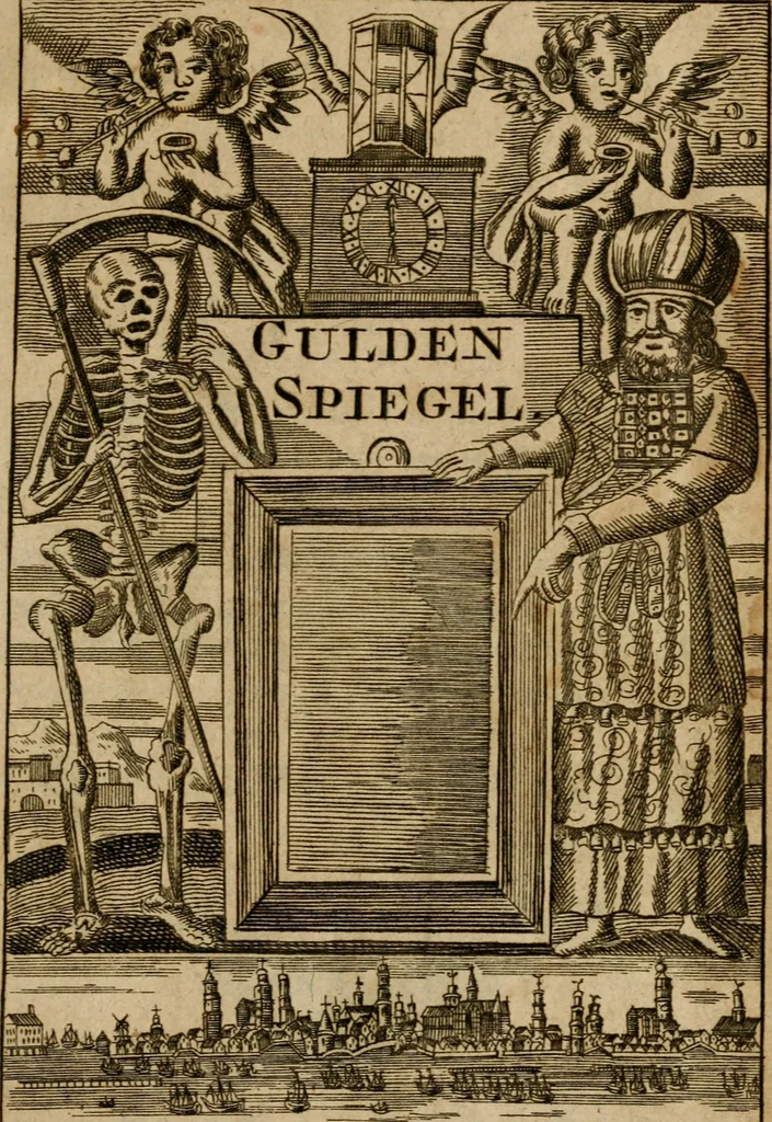 An illustration from Gulden-spiegel, ofte opwekkinge tot christelijke deugden : afgedeelt in twee deelen : waar in vertoond werd de schadelijkheyd der zonden, mitsgaders de goedigheyd en weldaaden Godts over den boetveerdigen, tot leeringe en stigtinge aller christenen toe-gepast : nog is hier by gevoegt Thamars ontschaking, of de verdoolde liefde van Ammon : als mede de vermaakelijke bruylofts-kroon : doorblogten met verscheyde leerzame gedigten, vermaakelijke bruylofts en aandagtige liedekens : voorgesteld op de vier geteyden van den dag, 1763, leaf 2