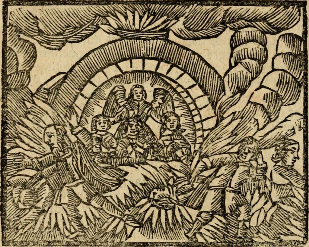 An illustration from Gulden-spiegel, ofte opwekkinge tot christelijke deugden : afgedeelt in twee deelen : waar in vertoond werd de schadelijkheyd der zonden, mitsgaders de goedigheyd en weldaaden Godts over den boetveerdigen, tot leeringe en stigtinge aller christenen toe-gepast : nog is hier by gevoegt Thamars ontschaking, of de verdoolde liefde van Ammon : als mede de vermaakelijke bruylofts-kroon : doorblogten met verscheyde leerzame gedigten, vermaakelijke bruylofts en aandagtige liedekens : voorgesteld op de vier geteyden van den dag, 1763, leaf 211