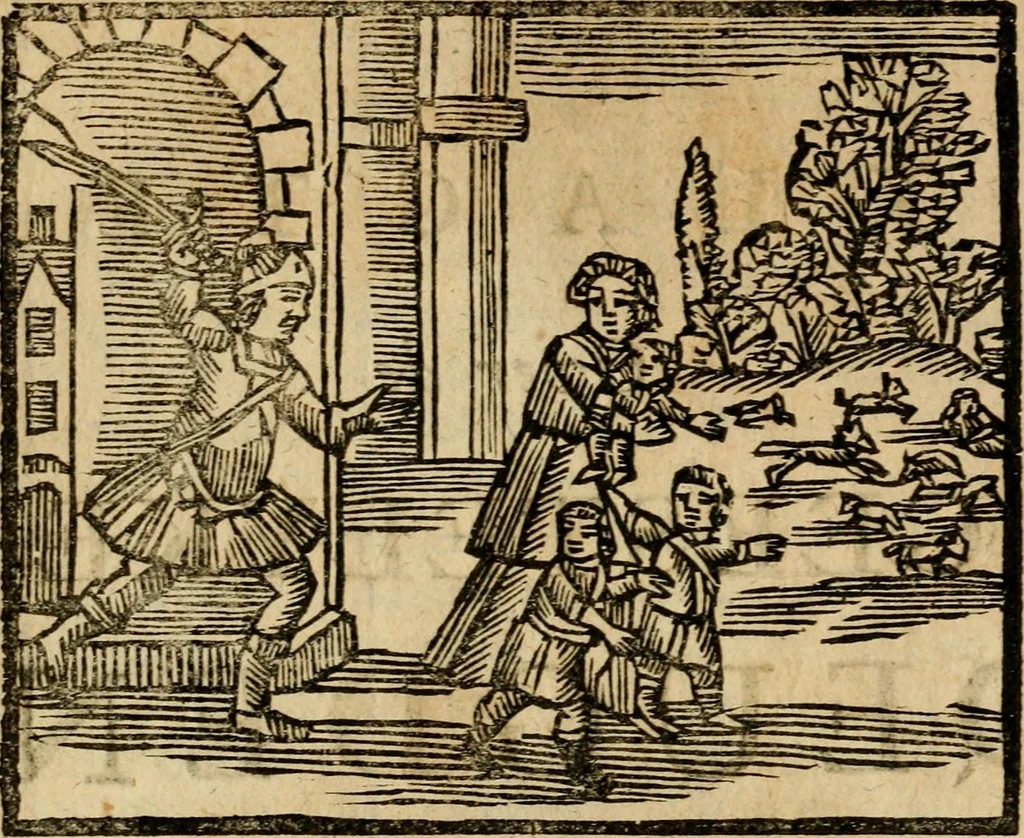 An illustration from Gulden-spiegel, ofte opwekkinge tot christelijke deugden : afgedeelt in twee deelen : waar in vertoond werd de schadelijkheyd der zonden, mitsgaders de goedigheyd en weldaaden Godts over den boetveerdigen, tot leeringe en stigtinge aller christenen toe-gepast : nog is hier by gevoegt Thamars ontschaking, of de verdoolde liefde van Ammon : als mede de vermaakelijke bruylofts-kroon : doorblogten met verscheyde leerzame gedigten, vermaakelijke bruylofts en aandagtige liedekens : voorgesteld op de vier geteyden van den dag, 1763, leaf 23