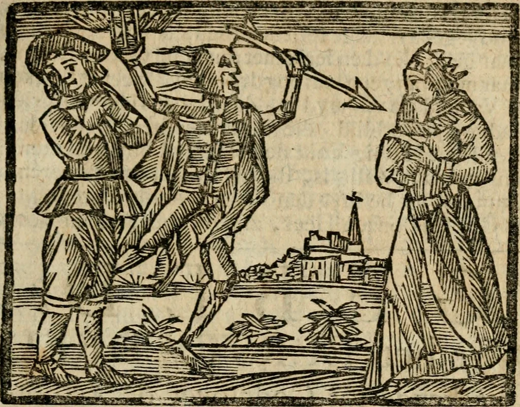An illustration from Gulden-spiegel, ofte opwekkinge tot christelijke deugden : afgedeelt in twee deelen : waar in vertoond werd de schadelijkheyd der zonden, mitsgaders de goedigheyd en weldaaden Godts over den boetveerdigen, tot leeringe en stigtinge aller christenen toe-gepast : nog is hier by gevoegt Thamars ontschaking, of de verdoolde liefde van Ammon : als mede de vermaakelijke bruylofts-kroon : doorblogten met verscheyde leerzame gedigten, vermaakelijke bruylofts en aandagtige liedekens : voorgesteld op de vier geteyden van den dag, 1763, leaf 238