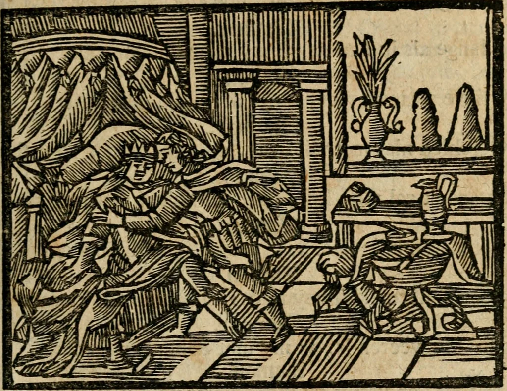 An illustration from Gulden-spiegel, ofte opwekkinge tot christelijke deugden : afgedeelt in twee deelen : waar in vertoond werd de schadelijkheyd der zonden, mitsgaders de goedigheyd en weldaaden Godts over den boetveerdigen, tot leeringe en stigtinge aller christenen toe-gepast : nog is hier by gevoegt Thamars ontschaking, of de verdoolde liefde van Ammon : als mede de vermaakelijke bruylofts-kroon : doorblogten met verscheyde leerzame gedigten, vermaakelijke bruylofts en aandagtige liedekens : voorgesteld op de vier geteyden van den dag, 1763, leaf 288
