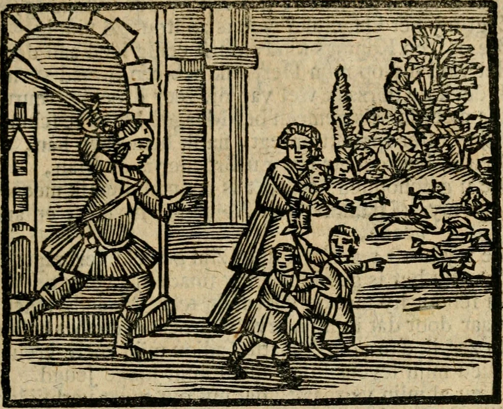An illustration from Gulden-spiegel, ofte opwekkinge tot christelijke deugden : afgedeelt in twee deelen : waar in vertoond werd de schadelijkheyd der zonden, mitsgaders de goedigheyd en weldaaden Godts over den boetveerdigen, tot leeringe en stigtinge aller christenen toe-gepast : nog is hier by gevoegt Thamars ontschaking, of de verdoolde liefde van Ammon : als mede de vermaakelijke bruylofts-kroon : doorblogten met verscheyde leerzame gedigten, vermaakelijke bruylofts en aandagtige liedekens : voorgesteld op de vier geteyden van den dag, 1763, leaf 292