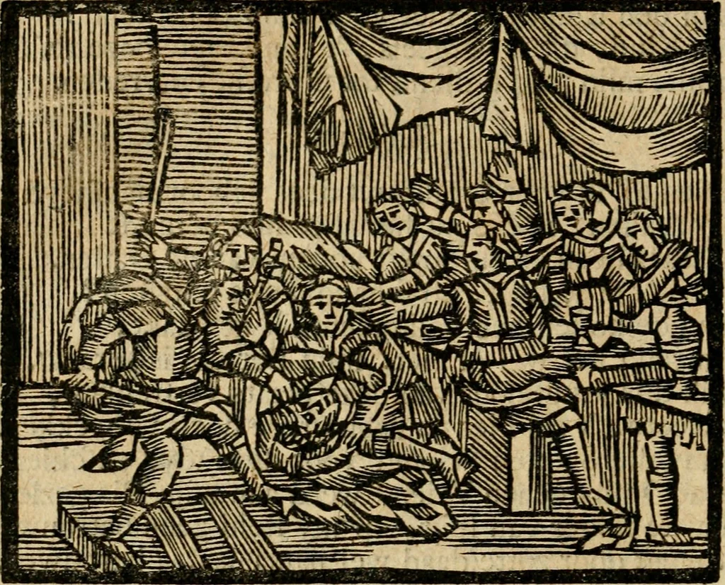 An illustration from Gulden-spiegel, ofte opwekkinge tot christelijke deugden : afgedeelt in twee deelen : waar in vertoond werd de schadelijkheyd der zonden, mitsgaders de goedigheyd en weldaaden Godts over den boetveerdigen, tot leeringe en stigtinge aller christenen toe-gepast : nog is hier by gevoegt Thamars ontschaking, of de verdoolde liefde van Ammon : als mede de vermaakelijke bruylofts-kroon : doorblogten met verscheyde leerzame gedigten, vermaakelijke bruylofts en aandagtige liedekens : voorgesteld op de vier geteyden van den dag, 1763, leaf 299