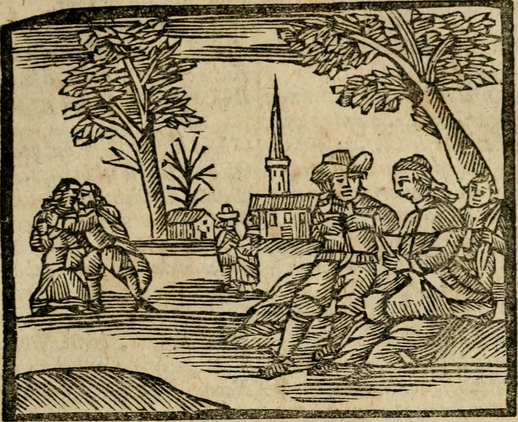 An illustration from Gulden-spiegel, ofte opwekkinge tot christelijke deugden : afgedeelt in twee deelen : waar in vertoond werd de schadelijkheyd der zonden, mitsgaders de goedigheyd en weldaaden Godts over den boetveerdigen, tot leeringe en stigtinge aller christenen toe-gepast : nog is hier by gevoegt Thamars ontschaking, of de verdoolde liefde van Ammon : als mede de vermaakelijke bruylofts-kroon : doorblogten met verscheyde leerzame gedigten, vermaakelijke bruylofts en aandagtige liedekens : voorgesteld op de vier geteyden van den dag, 1763, leaf 310