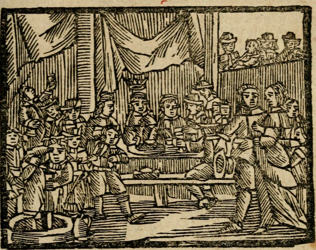An illustration from Gulden-spiegel, ofte opwekkinge tot christelijke deugden : afgedeelt in twee deelen : waar in vertoond werd de schadelijkheyd der zonden, mitsgaders de goedigheyd en weldaaden Godts over den boetveerdigen, tot leeringe en stigtinge aller christenen toe-gepast : nog is hier by gevoegt Thamars ontschaking, of de verdoolde liefde van Ammon : als mede de vermaakelijke bruylofts-kroon : doorblogten met verscheyde leerzame gedigten, vermaakelijke bruylofts en aandagtige liedekens : voorgesteld op de vier geteyden van den dag, 1763, leaf 418