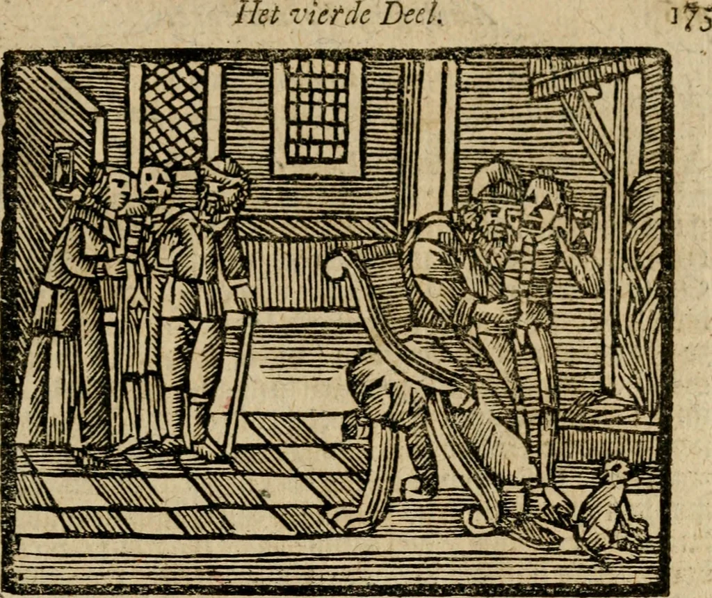 An illustration from Gulden-spiegel, ofte opwekkinge tot christelijke deugden : afgedeelt in twee deelen : waar in vertoond werd de schadelijkheyd der zonden, mitsgaders de goedigheyd en weldaaden Godts over den boetveerdigen, tot leeringe en stigtinge aller christenen toe-gepast : nog is hier by gevoegt Thamars ontschaking, of de verdoolde liefde van Ammon : als mede de vermaakelijke bruylofts-kroon : doorblogten met verscheyde leerzame gedigten, vermaakelijke bruylofts en aandagtige liedekens : voorgesteld op de vier geteyden van den dag, 1763, leaf 482