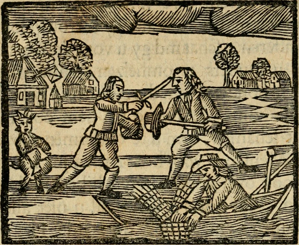 An illustration from Gulden-spiegel, ofte opwekkinge tot christelijke deugden : afgedeelt in twee deelen : waar in vertoond werd de schadelijkheyd der zonden, mitsgaders de goedigheyd en weldaaden Godts over den boetveerdigen, tot leeringe en stigtinge aller christenen toe-gepast : nog is hier by gevoegt Thamars ontschaking, of de verdoolde liefde van Ammon : als mede de vermaakelijke bruylofts-kroon : doorblogten met verscheyde leerzame gedigten, vermaakelijke bruylofts en aandagtige liedekens : voorgesteld op de vier geteyden van den dag, 1763, leaf 55