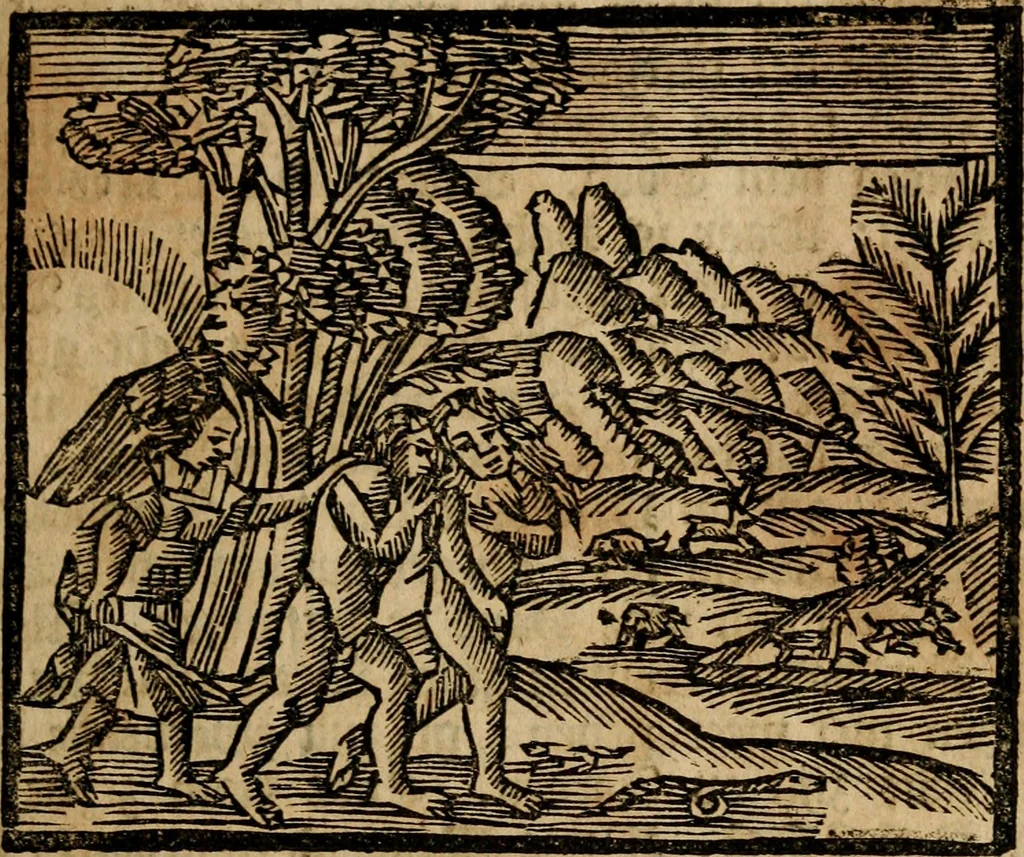 An illustration from Gulden-spiegel, ofte opwekkinge tot christelijke deugden : afgedeelt in twee deelen : waar in vertoond werd de schadelijkheyd der zonden, mitsgaders de goedigheyd en weldaaden Godts over den boetveerdigen, tot leeringe en stigtinge aller christenen toe-gepast : nog is hier by gevoegt Thamars ontschaking, of de verdoolde liefde van Ammon : als mede de vermaakelijke bruylofts-kroon : doorblogten met verscheyde leerzame gedigten, vermaakelijke bruylofts en aandagtige liedekens : voorgesteld op de vier geteyden van den dag, 1763, leaf 84