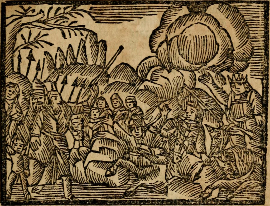 An illustration from Gulden-spiegel, ofte opwekkinge tot christelijke deugden : afgedeelt in twee deelen : waar in vertoond werd de schadelijkheyd der zonden, mitsgaders de goedigheyd en weldaaden Godts over den boetveerdigen, tot leeringe en stigtinge aller christenen toe-gepast : nog is hier by gevoegt Thamars ontschaking, of de verdoolde liefde van Ammon : als mede de vermaakelijke bruylofts-kroon : doorblogten met verscheyde leerzame gedigten, vermaakelijke bruylofts en aandagtige liedekens : voorgesteld op de vier geteyden van den dag, 1763, leaf 96
