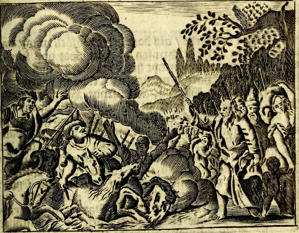 An illustration from Gulden-spiegel; ofte, Opweckinge tot christelijke deugden, afgebeeld in twee deelen ... Noch is hier by-gevoeght Thamars ontschaking; of, De verdoolde liefde van Ammon. Als mede de Vermaeckelijcke bruylofts-kroon ... gerijmt door Jacob Coenraeds Mayvogel, 1699, leaf 101