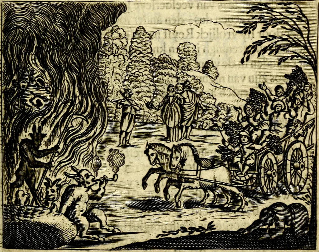 An illustration from Gulden-spiegel; ofte, Opweckinge tot christelijke deugden, afgebeeld in twee deelen ... Noch is hier by-gevoeght Thamars ontschaking; of, De verdoolde liefde van Ammon. Als mede de Vermaeckelijcke bruylofts-kroon ... gerijmt door Jacob Coenraeds Mayvogel, 1699, leaf 113