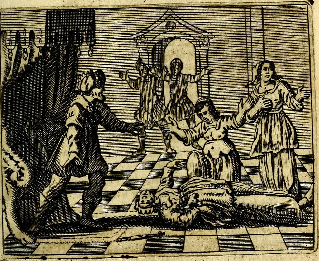 An illustration from Gulden-spiegel; ofte, Opweckinge tot christelijke deugden, afgebeeld in twee deelen ... Noch is hier by-gevoeght Thamars ontschaking; of, De verdoolde liefde van Ammon. Als mede de Vermaeckelijcke bruylofts-kroon ... gerijmt door Jacob Coenraeds Mayvogel, 1699, leaf 193