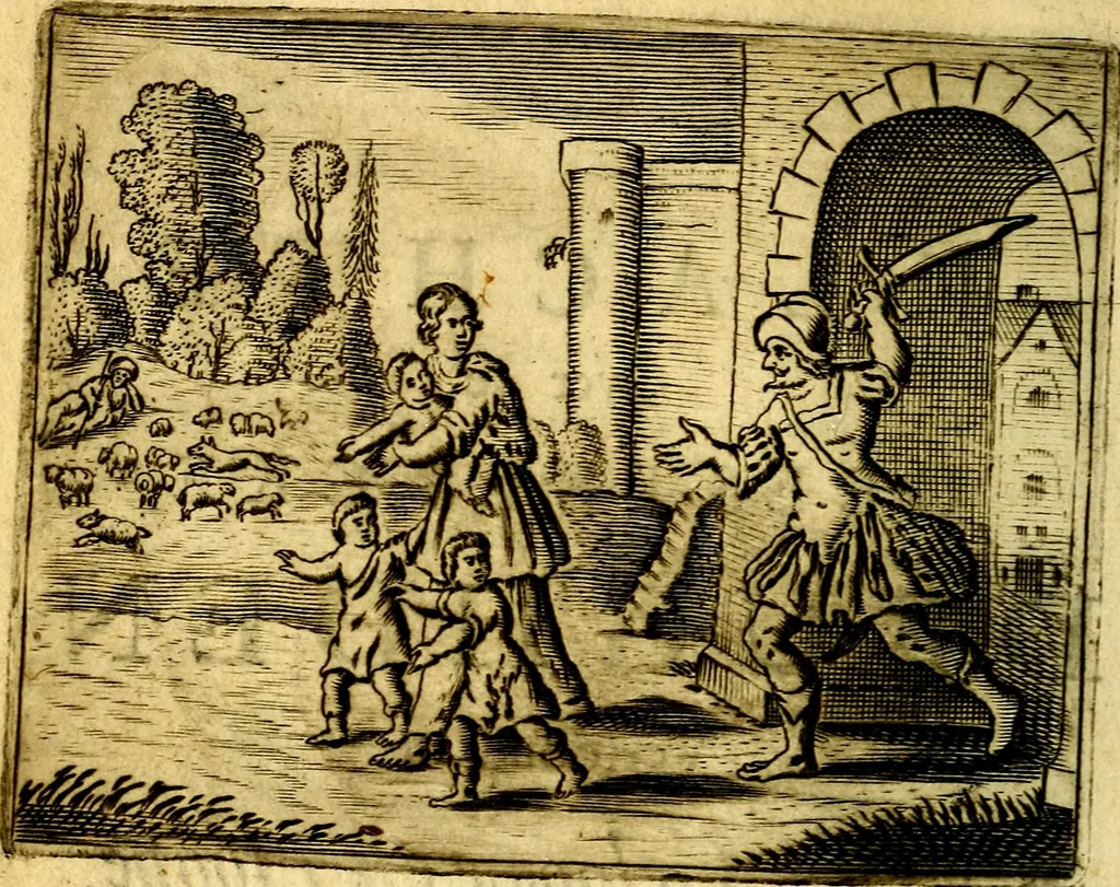 An illustration from Gulden-spiegel; ofte, Opweckinge tot christelijke deugden, afgebeeld in twee deelen ... Noch is hier by-gevoeght Thamars ontschaking; of, De verdoolde liefde van Ammon. Als mede de Vermaeckelijcke bruylofts-kroon ... gerijmt door Jacob Coenraeds Mayvogel, 1699, leaf 28
