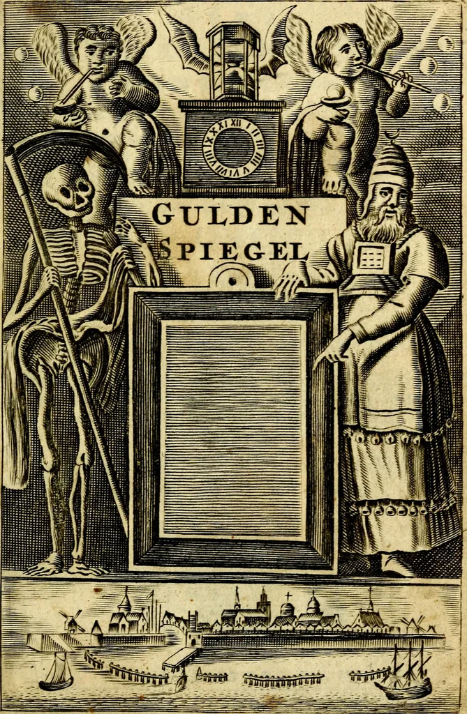 An illustration from Gulden-spiegel; ofte, Opweckinge tot christelijke deugden, afgebeeld in twee deelen ... Noch is hier by-gevoeght Thamars ontschaking; of, De verdoolde liefde van Ammon. Als mede de Vermaeckelijcke bruylofts-kroon ... gerijmt door Jacob Coenraeds Mayvogel, 1699, leaf 3