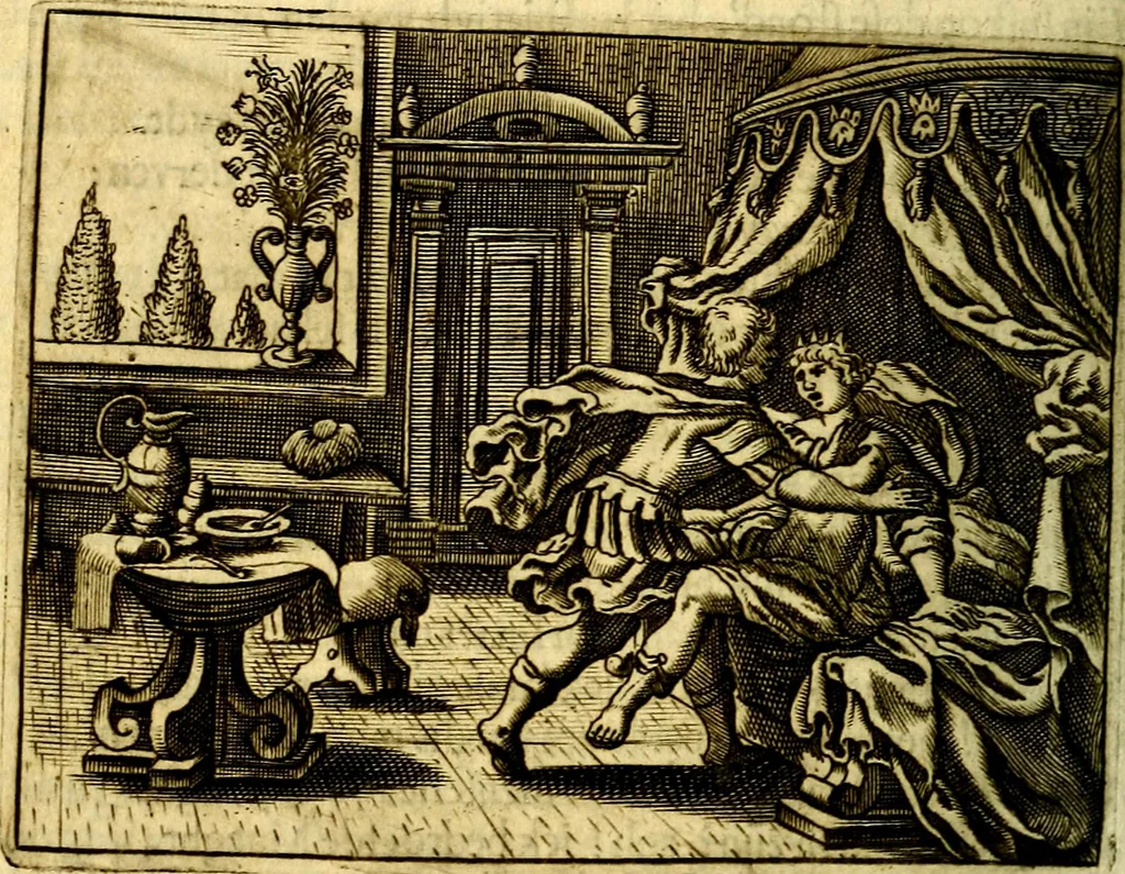 An illustration from Gulden-spiegel; ofte, Opweckinge tot christelijke deugden, afgebeeld in twee deelen ... Noch is hier by-gevoeght Thamars ontschaking; of, De verdoolde liefde van Ammon. Als mede de Vermaeckelijcke bruylofts-kroon ... gerijmt door Jacob Coenraeds Mayvogel, 1699, leaf 302