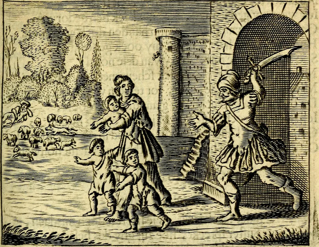 An illustration from Gulden-spiegel; ofte, Opweckinge tot christelijke deugden, afgebeeld in twee deelen ... Noch is hier by-gevoeght Thamars ontschaking; of, De verdoolde liefde van Ammon. Als mede de Vermaeckelijcke bruylofts-kroon ... gerijmt door Jacob Coenraeds Mayvogel, 1699, leaf 307