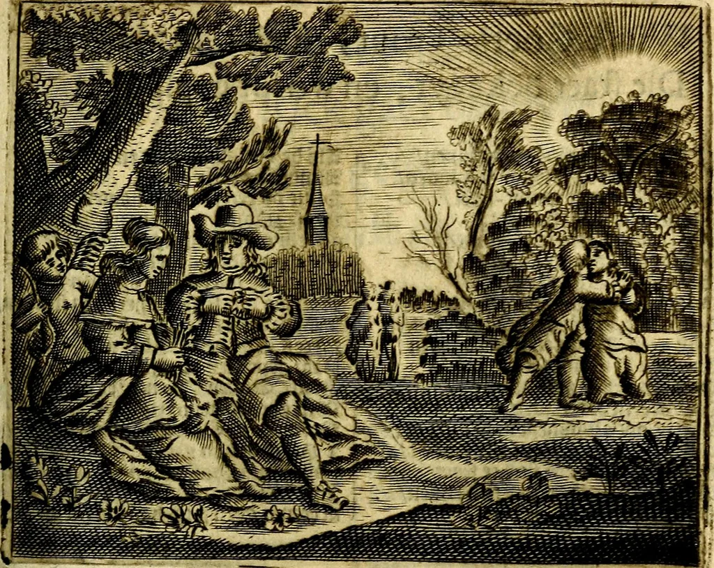 An illustration from Gulden-spiegel; ofte, Opweckinge tot christelijke deugden, afgebeeld in twee deelen ... Noch is hier by-gevoeght Thamars ontschaking; of, De verdoolde liefde van Ammon. Als mede de Vermaeckelijcke bruylofts-kroon ... gerijmt door Jacob Coenraeds Mayvogel, 1699, leaf 327