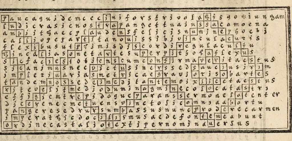 An illustration from Gustavi Seleni Cryptomenytices et cryptographiae libri IX : in quibus & planissima Steganographiae a Johanne Trithemio, abbate Spanheymensi & Herbipolensi, admirandi ingenij viro, magice & aenigmatice olim conscriptae, enodatio traditur : inspersis ubique authoris ac aliorum, non contemnendis inventis, 1624, leaf 183
