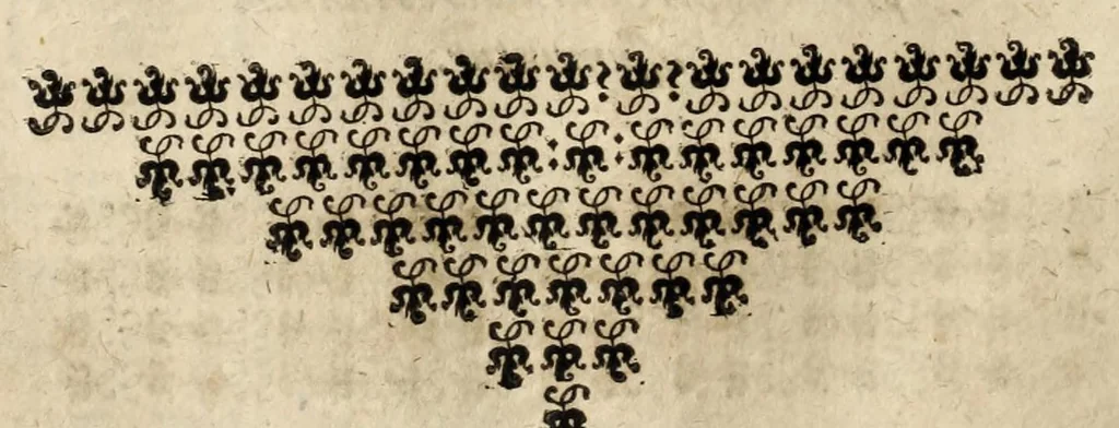 An illustration from Gustavi Seleni Cryptomenytices et cryptographiae libri IX : in quibus & planissima Steganographiae a Johanne Trithemio, abbate Spanheymensi & Herbipolensi, admirandi ingenij viro, magice & aenigmatice olim conscriptae, enodatio traditur : inspersis ubique authoris ac aliorum, non contemnendis inventis, 1624, leaf 336