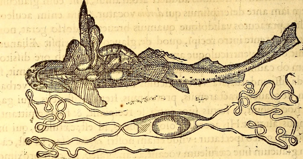 An illustration from Gvlielmi Rondeletii ... Libri de piscibus marinis, in quibus veræ piscium effigies expressæ sunt .., 1554, leaf 399