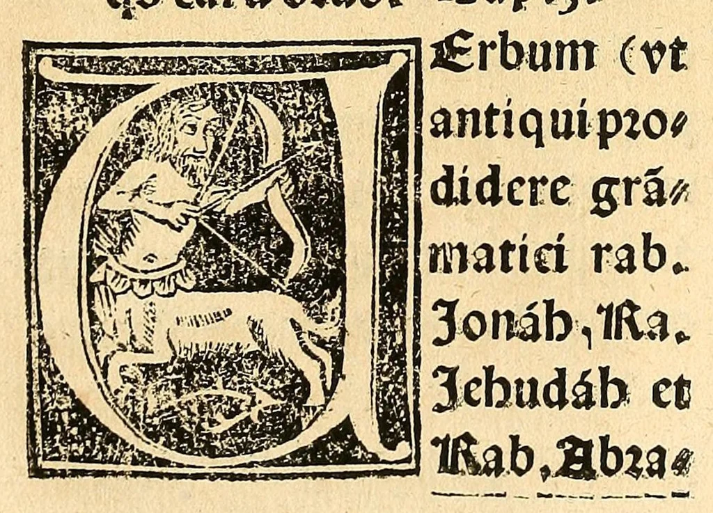 An illustration from Habes hoc in libro ca[n]dide lector Hebraicas institutiones. : in quib[us] quicquid est gra[m]matices hebraicæ facultatis edocetur ad amussim, de literis, punctis, acce[n]tibus, nomine, [et] nominum speciebus, de pronominibus, [et] eoru[mque] cu[m] nominibus, [et] verbis coniu[n]ctione, de verbo [et] verboru[m] co[n]iugationibus, [et] distinctione, in perfecta, quiescentia, defectiua, geminata, de partibus indeclinabilibus, præpositionibus, co[n]iu[n]ctio[n]ibus, aduerbijs, de regulis expone[n]di arcanas literas [et] de figuris, vt paucissima sint desidera[n]da, quas nuper ædidit reuere[n]dus sacræ theolo. do. Sanctes Pagninus .., 1526, leaf 223