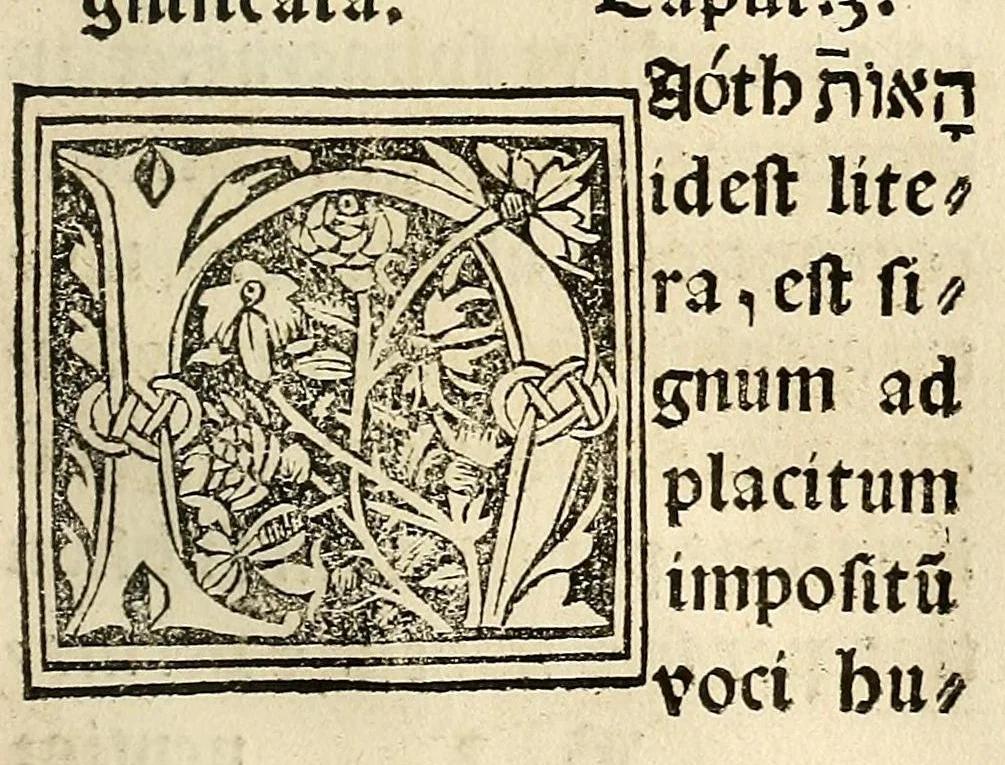 An illustration from Habes hoc in libro ca[n]dide lector Hebraicas institutiones. : in quib[us] quicquid est gra[m]matices hebraicæ facultatis edocetur ad amussim, de literis, punctis, acce[n]tibus, nomine, [et] nominum speciebus, de pronominibus, [et] eoru[mque] cu[m] nominibus, [et] verbis coniu[n]ctione, de verbo [et] verboru[m] co[n]iugationibus, [et] distinctione, in perfecta, quiescentia, defectiua, geminata, de partibus indeclinabilibus, præpositionibus, co[n]iu[n]ctio[n]ibus, aduerbijs, de regulis expone[n]di arcanas literas [et] de figuris, vt paucissima sint desidera[n]da, quas nuper ædidit reuere[n]dus sacræ theolo. do. Sanctes Pagninus .., 1526, leaf 24
