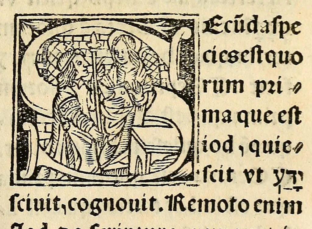 An illustration from Habes hoc in libro ca[n]dide lector Hebraicas institutiones. : in quib[us] quicquid est gra[m]matices hebraicæ facultatis edocetur ad amussim, de literis, punctis, acce[n]tibus, nomine, [et] nominum speciebus, de pronominibus, [et] eoru[mque] cu[m] nominibus, [et] verbis coniu[n]ctione, de verbo [et] verboru[m] co[n]iugationibus, [et] distinctione, in perfecta, quiescentia, defectiua, geminata, de partibus indeclinabilibus, præpositionibus, co[n]iu[n]ctio[n]ibus, aduerbijs, de regulis expone[n]di arcanas literas [et] de figuris, vt paucissima sint desidera[n]da, quas nuper ædidit reuere[n]dus sacræ theolo. do. Sanctes Pagninus .., 1526, leaf 286