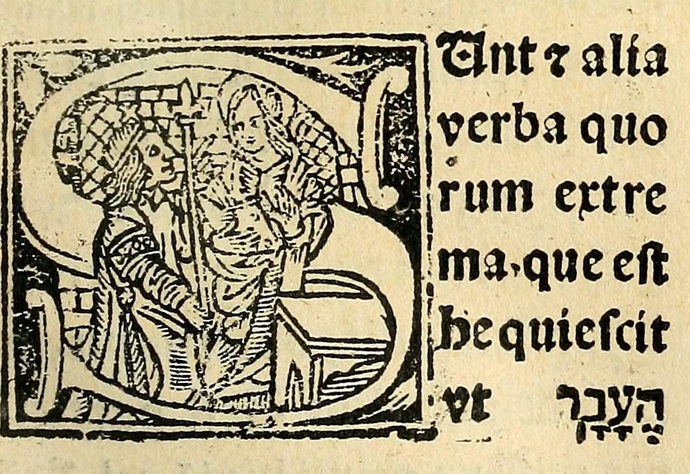 An illustration from Habes hoc in libro ca[n]dide lector Hebraicas institutiones. : in quib[us] quicquid est gra[m]matices hebraicæ facultatis edocetur ad amussim, de literis, punctis, acce[n]tibus, nomine, [et] nominum speciebus, de pronominibus, [et] eoru[mque] cu[m] nominibus, [et] verbis coniu[n]ctione, de verbo [et] verboru[m] co[n]iugationibus, [et] distinctione, in perfecta, quiescentia, defectiua, geminata, de partibus indeclinabilibus, præpositionibus, co[n]iu[n]ctio[n]ibus, aduerbijs, de regulis expone[n]di arcanas literas [et] de figuris, vt paucissima sint desidera[n]da, quas nuper ædidit reuere[n]dus sacræ theolo. do. Sanctes Pagninus .., 1526, leaf 368