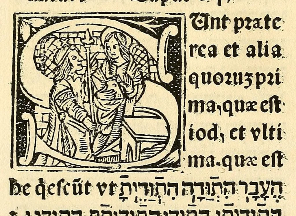 An illustration from Habes hoc in libro ca[n]dide lector Hebraicas institutiones. : in quib[us] quicquid est gra[m]matices hebraicæ facultatis edocetur ad amussim, de literis, punctis, acce[n]tibus, nomine, [et] nominum speciebus, de pronominibus, [et] eoru[mque] cu[m] nominibus, [et] verbis coniu[n]ctione, de verbo [et] verboru[m] co[n]iugationibus, [et] distinctione, in perfecta, quiescentia, defectiua, geminata, de partibus indeclinabilibus, præpositionibus, co[n]iu[n]ctio[n]ibus, aduerbijs, de regulis expone[n]di arcanas literas [et] de figuris, vt paucissima sint desidera[n]da, quas nuper ædidit reuere[n]dus sacræ theolo. do. Sanctes Pagninus .., 1526, leaf 381