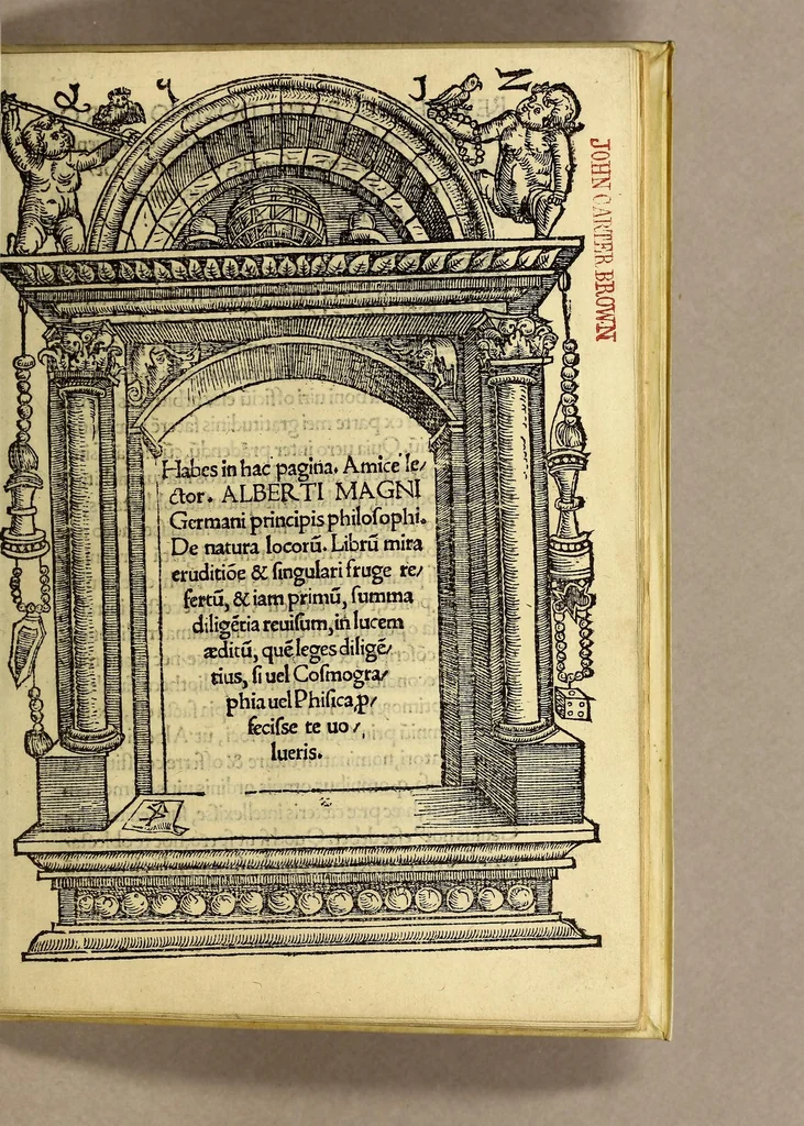 An illustration from Habes in hac pagina. Amice lector. Alberti Magni Germani principis philosophi. De natura locoru[m]. libru[m] mira eruditio[n]e [et] singulari fruge refertu[m], [et] iam primu[m] summa dilige[n]tia reuisum, in lucem aeditu[m], que[m] leges dilige[n]tius, si uel cosmographia uel phisica p[er]fecisse te uolueris, 1514, leaf 7