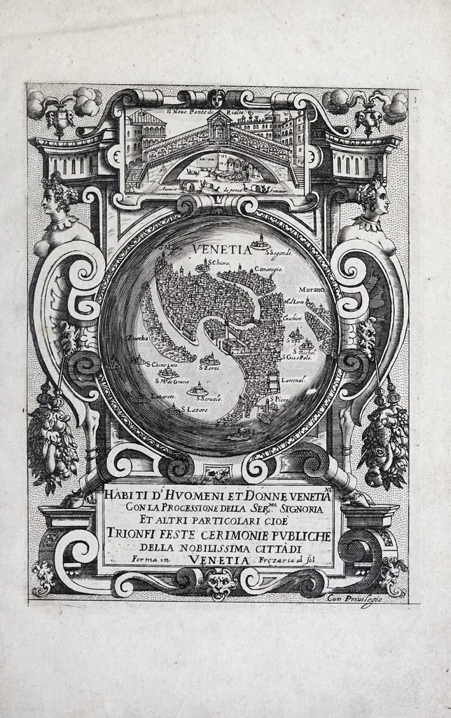 An illustration from Habiti d'hvomeni et donne venetiane : con la processione della serma. Signoria et altri particolari cioè trionfi feste cerimonie pvbliche della nobilissima città di Venetia, leaf 7