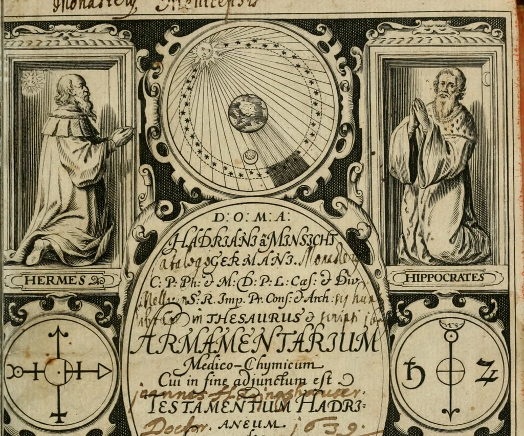 An illustration from Hadriani à Mynsicht aliàs Tribudenii ... Thesaurus et armamentarium medico-chymicum : hoc est, selectissimorum, contra quosvis morbos, pharmacorum conficiendorum secretissima ratio ... : cui in fine adjunctum est Testamentum Hadrianeum de aureo philosophorum lapide ..., 1638, leaf 4