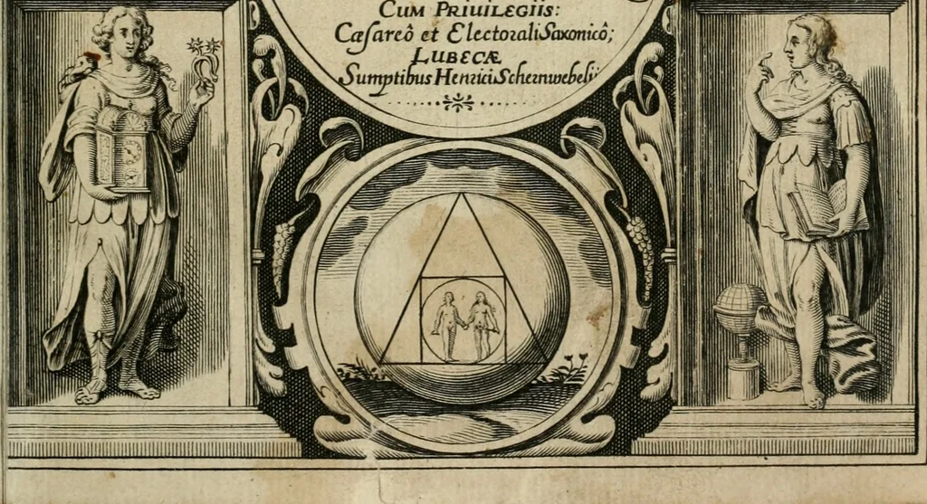 An illustration from Hadriani à Mynsicht aliàs Tribudenii ... Thesaurus et armamentarium medico-chymicum : hoc est, selectissimorum, contra quosvis morbos, pharmacorum conficiendorum secretissima ratio ... : cui in fine adjunctum est Testamentum Hadrianeum de aureo philosophorum lapide ..., 1638, leaf 4