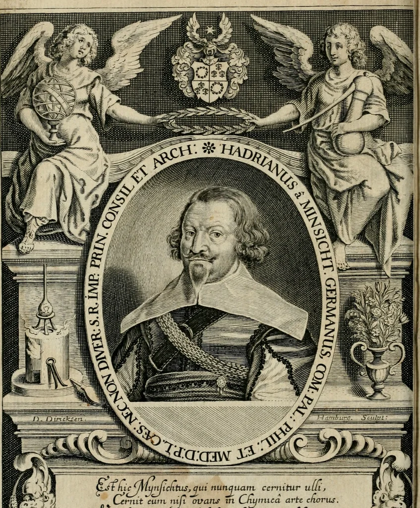 An illustration from Hadriani à Mynsicht aliàs Tribudenii ... Thesaurus et armamentarium medico-chymicum : hoc est, selectissimorum, contra quosvis morbos, pharmacorum conficiendorum secretissima ratio ... : cui in fine adjunctum est Testamentum Hadrianeum de aureo philosophorum lapide ..., 1638, leaf 7