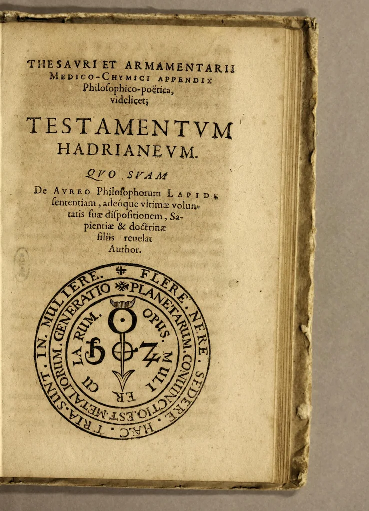 An illustration from Hadriani a Mynsicht, medici Germani praestantissimi, Thesaurus et armamentarium medico-chymicum. : In quo selectissimorum contra quosuis morbos pharmacorum conficiendorum secretissima ratio aperitur, vnà cum eorumdem virtute, vsu, & dosi. Cui in fine adiunctum est Testamentum Hadrianeum de aureo philosophorum lapide, 1641, leaf 513