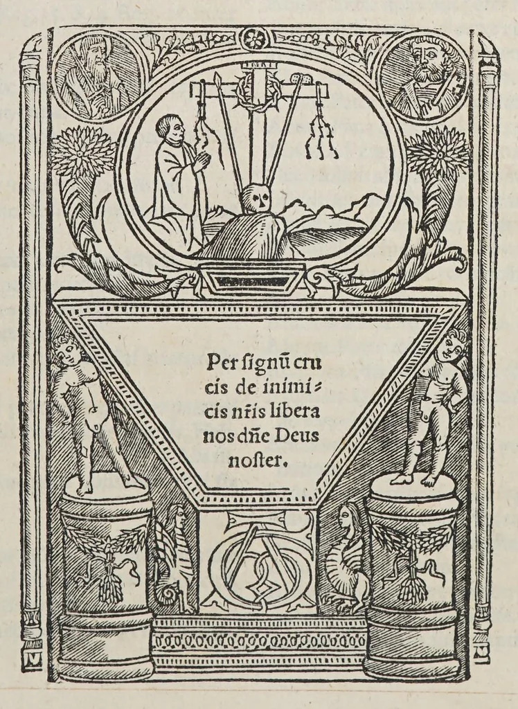 An illustration from Haec tibi pentadecas tetragonon respicit illud hospitium Petri [et] Pauli ter quinq[ue] dierum. : Namq[ue] instrume[n]tum vetus hebdoas innuit: octo lex noua signatur, ter quinq[ue] receptat vtrunq[ue]., 1514, leaf 349