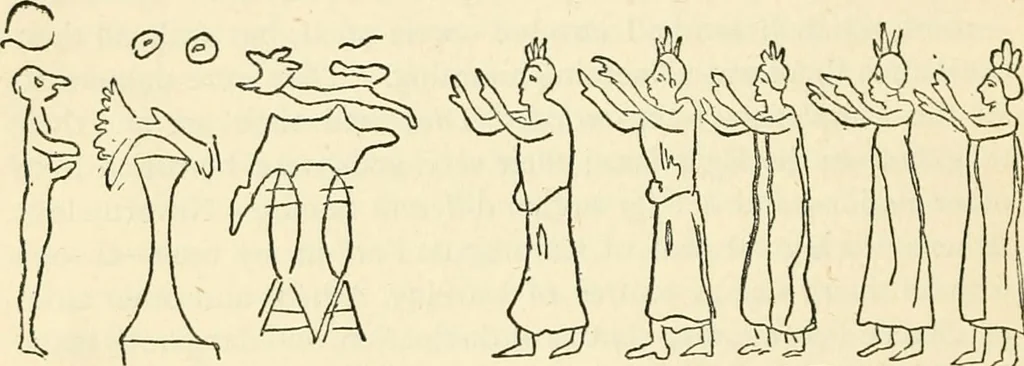 An illustration from Hafed, prince of Persia : his experiences in earth-life and spirit-life ; being spirit communications received through Mr. David Duguid, the Glasgow trance-painting medium ; with an appendix, containing communications from the spirit artists, Ruisdal and Steen, 1876, leaf 95