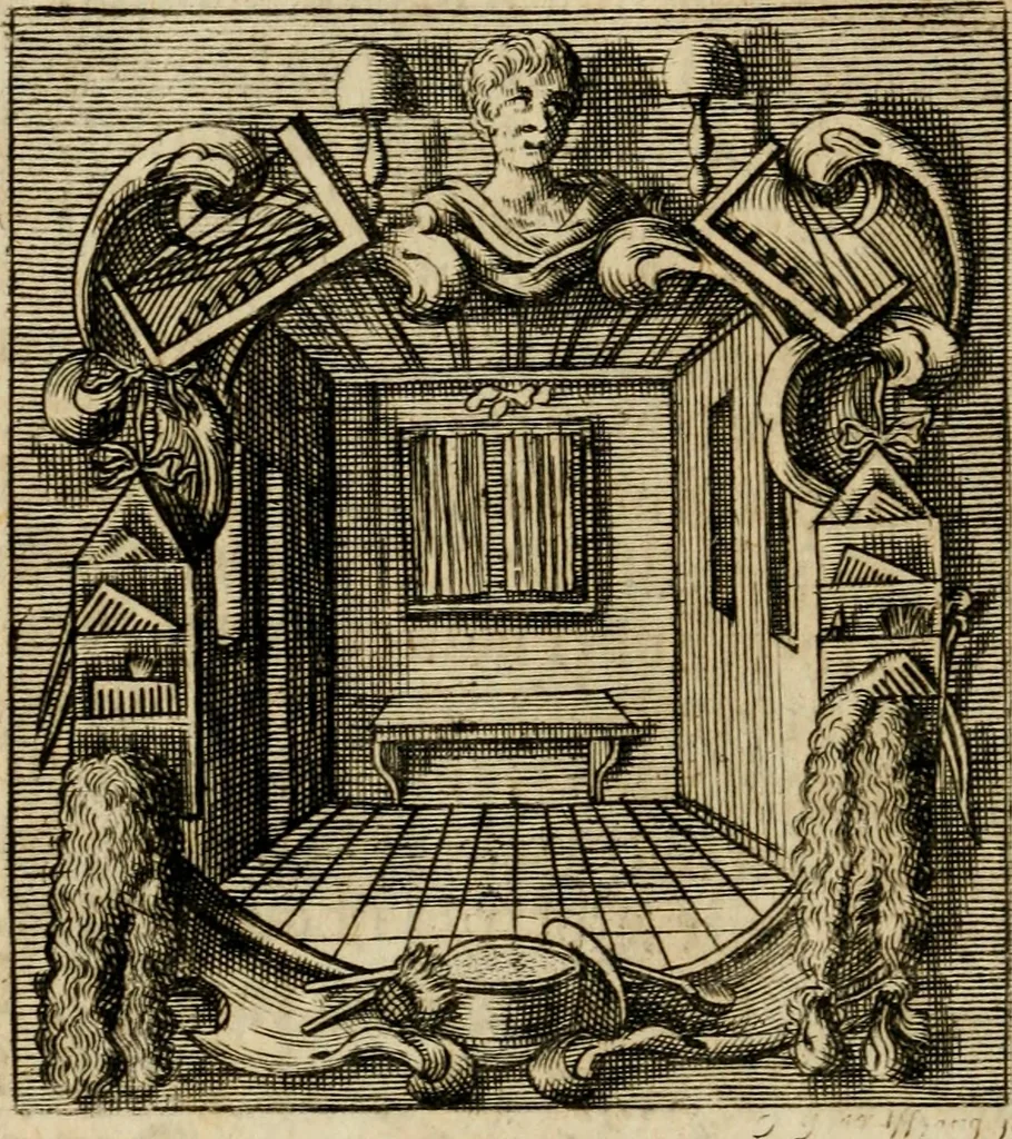 An illustration from Haimb-Garten zweyen Herren von Augspurg, eines Catholischen, und eines Lutherischen, angestellt uber etwelche Glaubens-Zweiffel, und in den Druck hervor gegeben, 1710, leaf 107