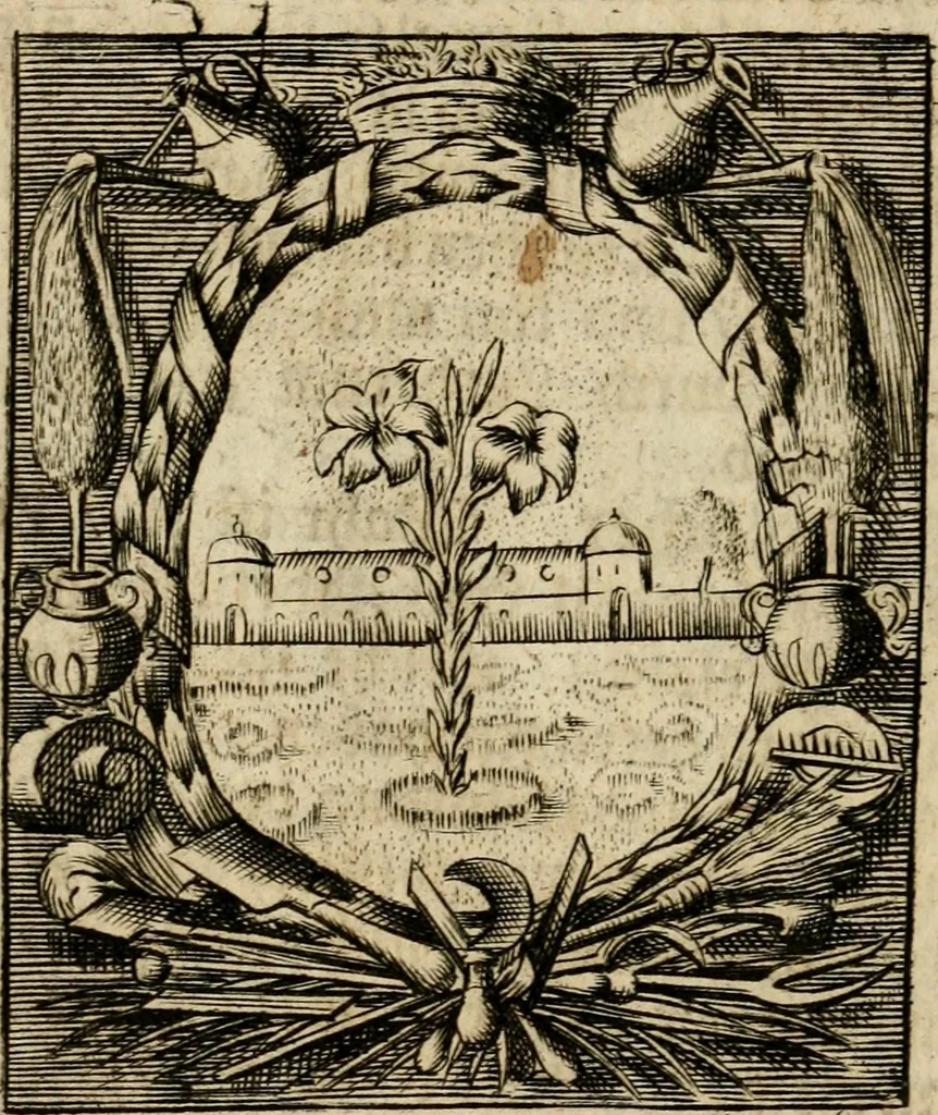 An illustration from Haimb-Garten zweyen Herren von Augspurg, eines Catholischen, und eines Lutherischen, angestellt uber etwelche Glaubens-Zweiffel, und in den Druck hervor gegeben, 1710, leaf 17
