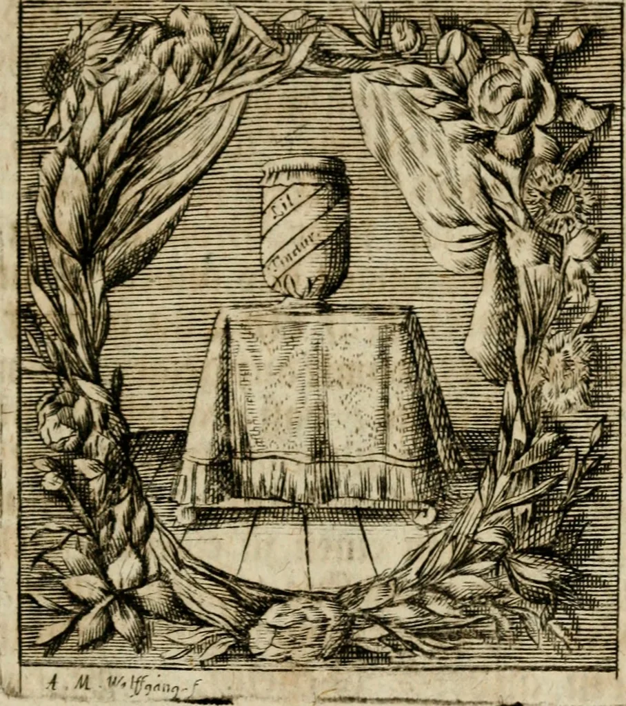 An illustration from Haimb-Garten zweyen Herren von Augspurg, eines Catholischen, und eines Lutherischen, angestellt uber etwelche Glaubens-Zweiffel, und in den Druck hervor gegeben, 1710, leaf 212