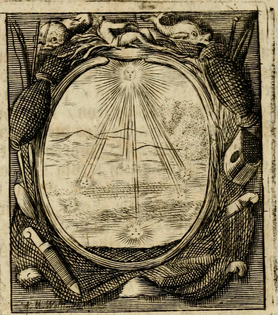 An illustration from Haimb-Garten zweyen Herren von Augspurg, eines Catholischen, und eines Lutherischen, angestellt uber etwelche Glaubens-Zweiffel, und in den Druck hervor gegeben, 1710, leaf 237
